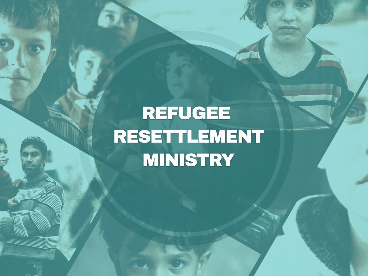Pictures of refugees with 'Refugee Resettlement Ministry' written over it