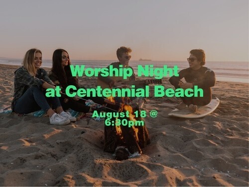 Image of people sitting on a beach with 'Worship Night on August 11 at 7pm' written on it